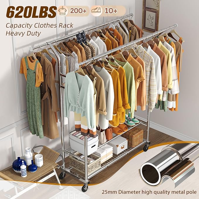 Simple Trending Heavy Duty Clothing Clothes Rack for Hanging, Rolling Double Rod Garment Rack Organizer with Wheels Load 620 LBS, Chrome