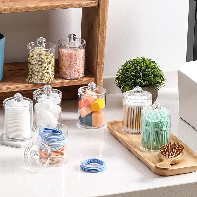 AOZITA 8 Pack Acrylic Qtip Holder Dispenser with Lids & Labels, Cotton Swab, Ball, Round Pads, Floss Picks Storage Canister - Clear Plastic Apothecary Jar for Bathroom Vanity Makeup Organizer