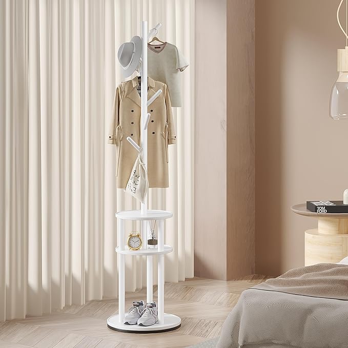 VECELO Coat Rack Freestanding, Entryway Hanger Stand, Umbrella Holder, Hall Tree With Hooks, Floor Standing Metal Tree Stand,White