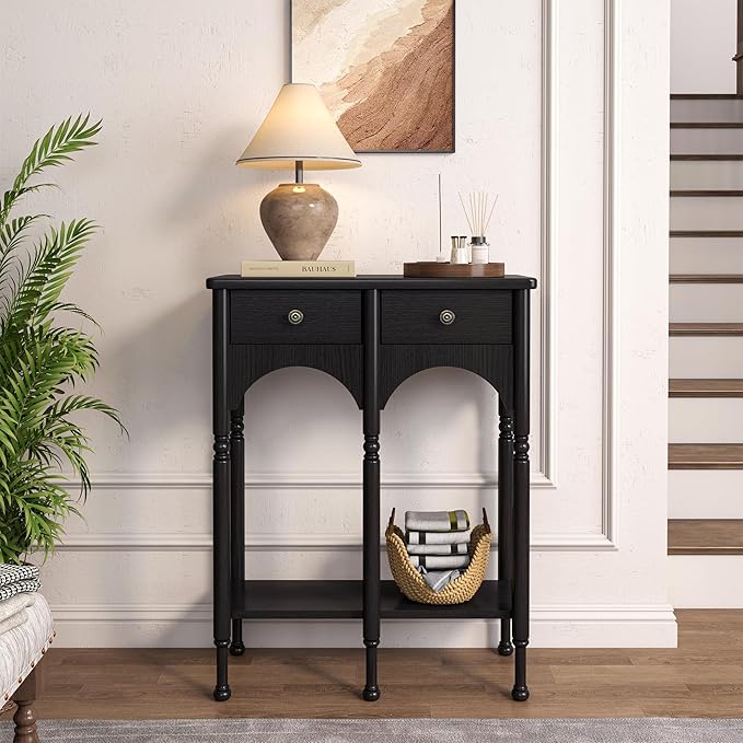 Console Table with 2 Drawers & Shelf, 28" Mid-Century Modern Entryway Table, Retro 2-Tier Sofa Table, Wooden Accent Table for Living Room, Hallway, Black