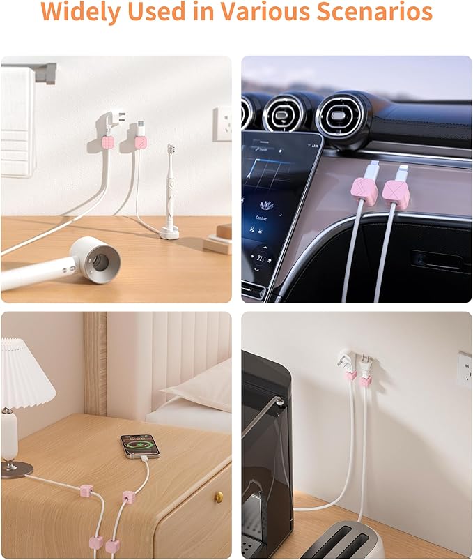 9Pack Cable Organizer Clips, Magnetic Cable Holder (1s Lock), XOVRAETH Strong Adhesive Wire Management for Desk, Nightstand, Living Room, Kitchen, Office, Car(Pinks)