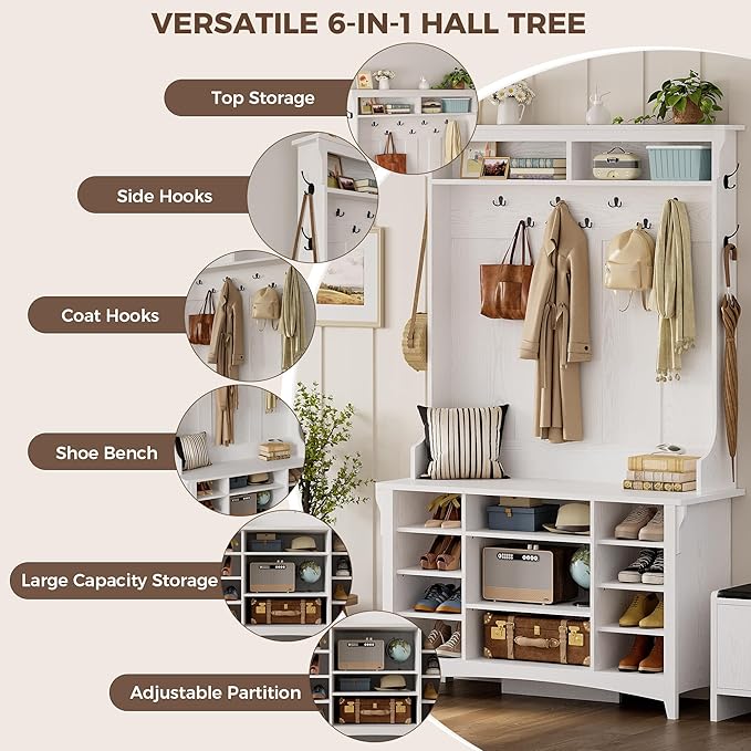 IRONCK Hall Tree with Bench and Shoe Storage, 6-in-1 Entryway Bench with Coat Rack, Adjustable Shelf, Hanging Hooks, 11 Shoe Cubbies, 2-Tier Top Storage, for Entryway, Bedroom, Living Room, White