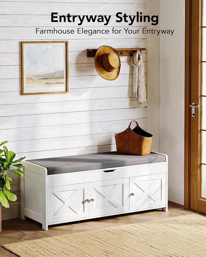 Pipishell 2-Tier Shoe Storage Bench with Cushioned Seat, Entryway Bench with Adjustable Shelf & Barn Doors, 300 lbs Capacity, 39.4" W x 16" D x 18" H, for Entryway, Bedroom, Living Room, White