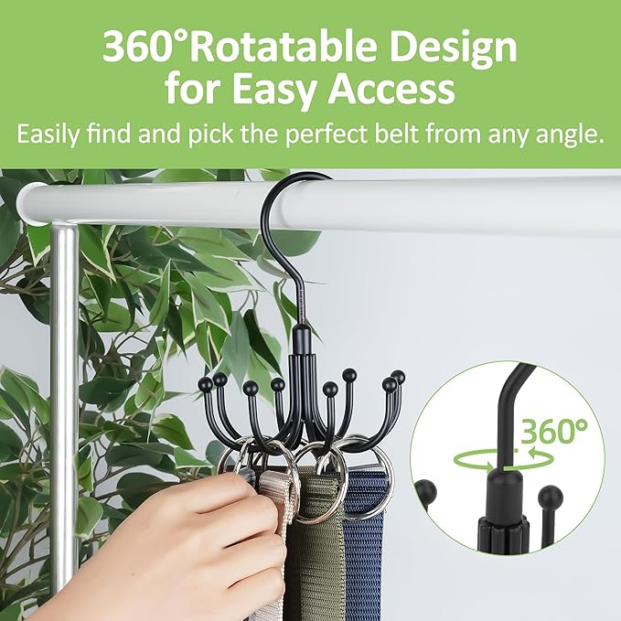 Belt Hanger, Rotatable Belt Organizer Rack for Closet Sturdy Max 24 Belts Storage with 8 Hooks, Hanging Space Saving Closet Organizers for Belts Holder, Black
