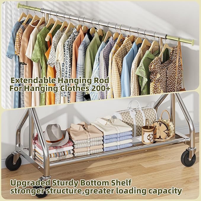 Simple Trending Heavy Duty Clothes Rack, Double Rod Clothing Rack for Hanging Clothes, Rolling Garment Racks with Lockable Wheels, for Bedroom Laundry Living Room, Chrome
