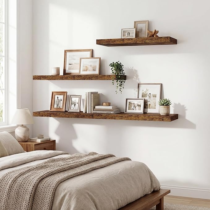 72 Inch Floating Shelves for Wall Set of 1,9.3" Deep Wall Shelves,Rustic Wood Wall Mounted Book Shelves with Invisible Brackets,Extra Long Floating Shelf for Living Room,Office,Bedroom,Rustic Brown