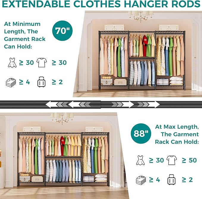 SINGAYE Clothes Rack Portable Closet Coat Wardrobe Heavy Duty Clothing Racks System Organizers and Storage for Hanging Clothes Garment Rack Adjustable with Shelves Black