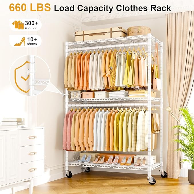 ULIFHOME P5 Plus Rolling Clothes Rack Heavy Duty, Clothing Racks for Hanging Clothes, Metal Garment Rack with Wheels, 3-Tier Portable Closet Rack 45'' W × 20.5'' D × 80.5'' H, Max Load 660 Lbs, White