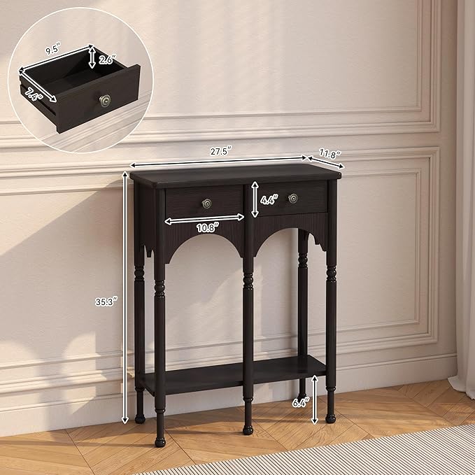 Console Table with 2 Drawers & Shelf, 28" Mid-Century Modern Entryway Table, Retro 2-Tier Sofa Table, Wooden Accent Table for Living Room, Hallway, Black