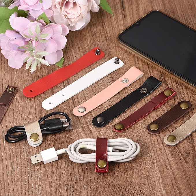 MECCANIXITY Pack of 10 Leather Cable Straps Cord Organizer 63x16mm Portable Cable Leather Clips Black Earphone Cord Management for Cable, Wire