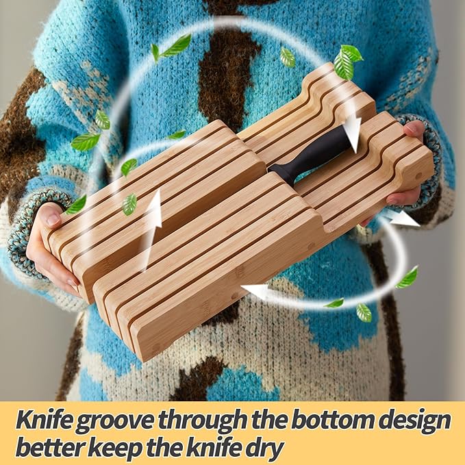 Bamboo Knife Block and In-Drawer Storage, Display Stand and Organizer, In-Drawer Knife Drawer Organizer Holds Up To 7 Knives and 1 Sharpener(Not Included)
