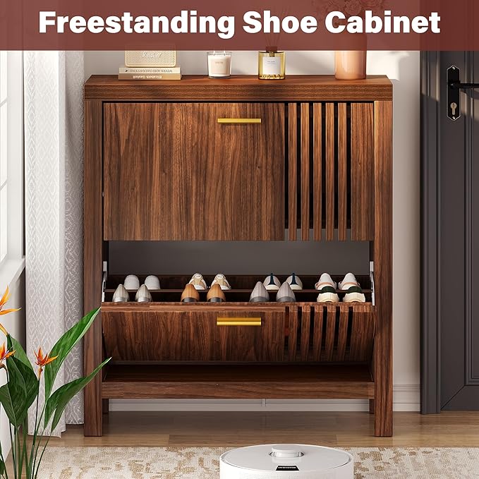 knoworld Shoe Storage Cabinet for Entryway with 2 Flip Drawers, 31.5" Narrow Fluted Shoe Organizer Cabinet, Slim Wooden Shoe Cabinet, Freestanding Hidden Shoe Cabinet for Entrance, Hallway (Walnut)