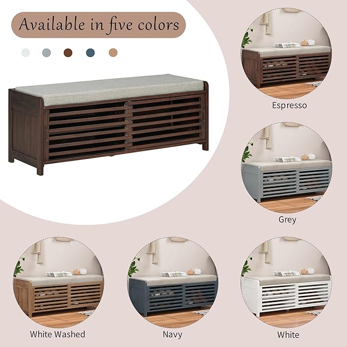 LUMISOL Shoe Bench with Storage and Cushion, Farmhouse Distressed Shutter Storage Bench with Retro Charm for Living Room, Entryway, Espresso