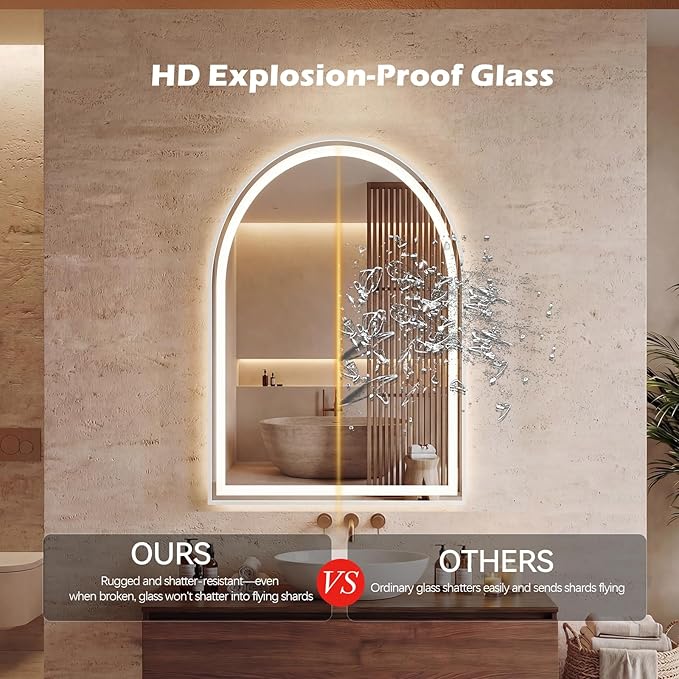 Sweetcrispy 20"×28" LED Arched Bathroom Mirror with Lights, Arched Lighted Bathroom Vanity Mirror with Anti-Fog, Dimmable, 3-Color Light, Memory Function, Tempered Glass