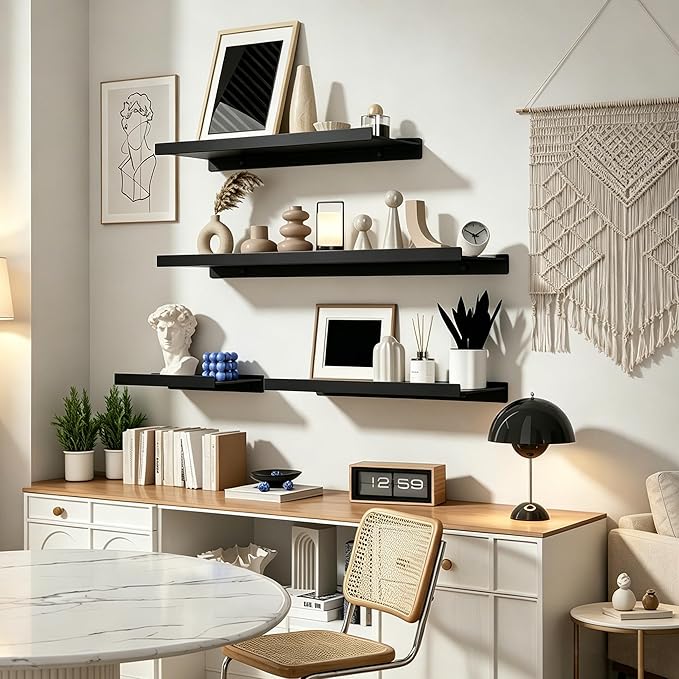 Widen Floating Shelves for Wall, Wall Mounted Shelves with Lip for Storage, Metal Display Shelves, Kitchen/Living Room/Bedroom/Bathroom Shelf, Black 12 inch 2 Pack