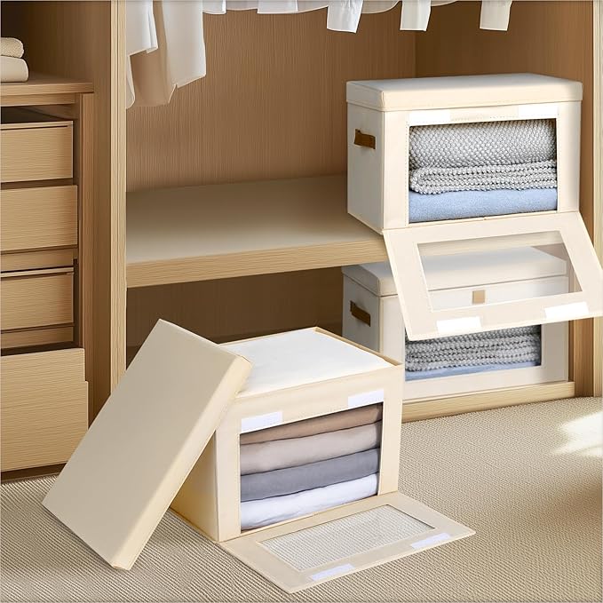 Homsorout Medium Fabric Storage bins - Collapsible Storage Bins with Open Window, 3 Pack Closet Baskets for Shelves, Stackable Decorative Boxes for Home, Dorm, Beige, 13.7"x 9.8" x 9.8"