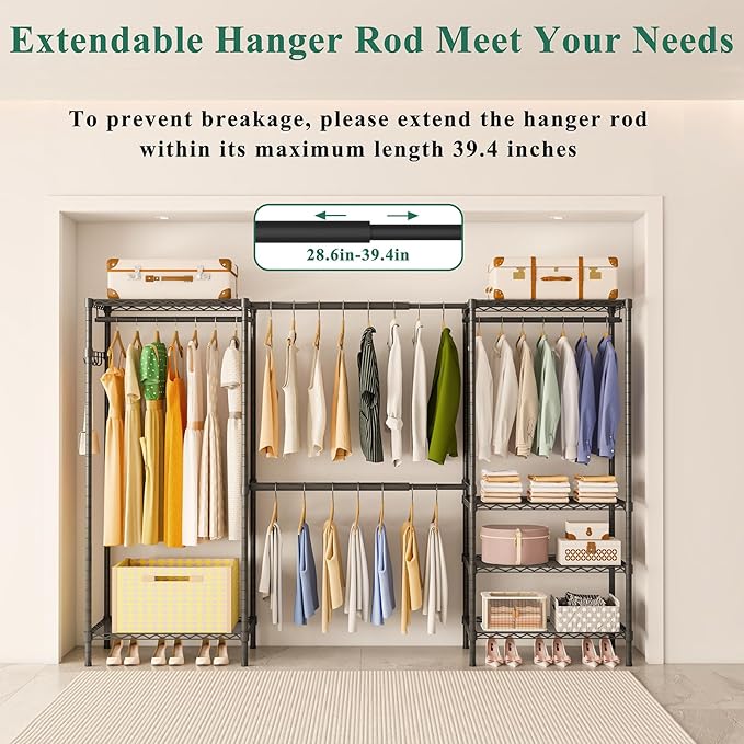 Heavy Duty Garment Rack, Portable Expandable Freestanding 4 Tiers Adjustable Wire Shelves Clothes Rack with 2 Retractable Poles, 70.9-86.6" L x 15.7" W x 76.8" H, Max Load 900LBS, Black