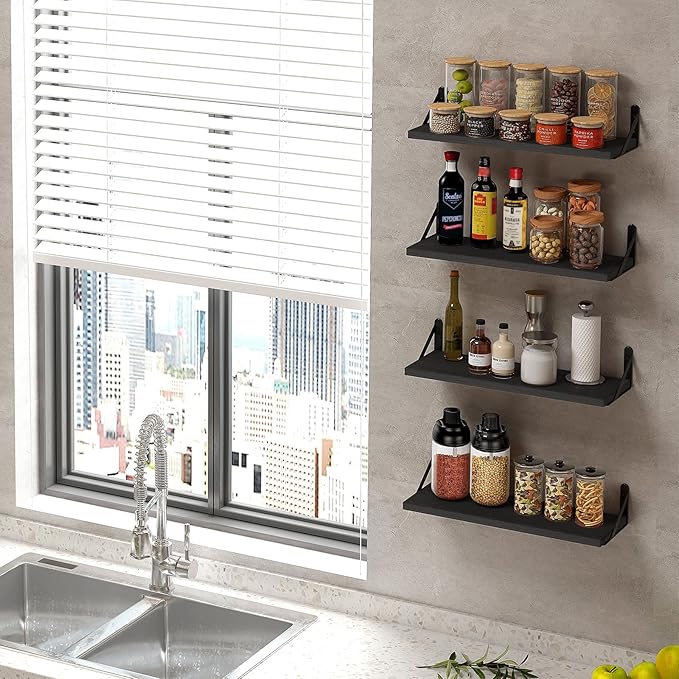Fixwal Floating Shelves, Width 4.75in Rustic Wood Wall Shelves Set of 8, Wall Storage Shelves for Bedroom, Living Room, Kitchen, Bathroom, Office and Plants (Black)