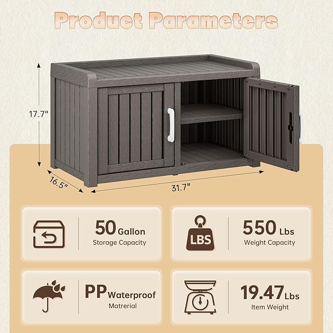 2-Tier Storage Bench, Waterproof UV-Resistant Outdoor Shoe Storage Cabinet with 2 Doors & Adjustable Shelves for Indoor Outdoor Entryway, Hallway, Living Room (Classic Grey)