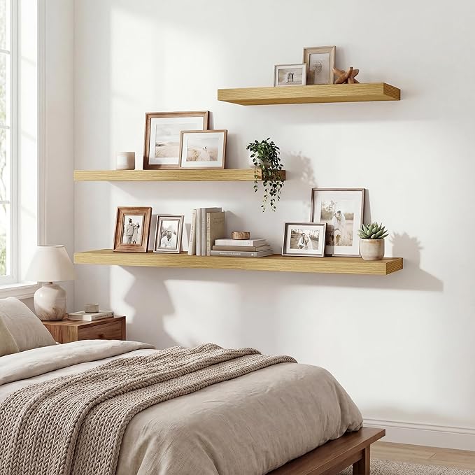 24 Inch Floating Shelves for Wall Decor,9.3" Deep Floating Shelf Wall Book Shelves,Large Display Storage Shelf,Wall Mounted Shelves with Invisible Bracket for Living Room,Bedroom,Bathroom,Kitchen,Oak