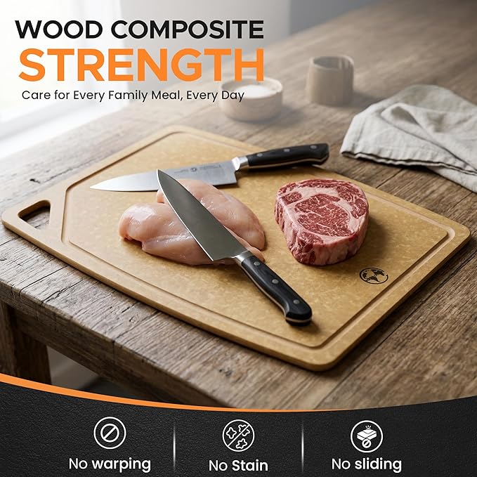 Earth's Dreams Composite Wood Cutting Board Set of 3 – Dishwasher Safe, Non-Toxic Cutting Boards for Kitchen – Large, Medium & Small Non-Slip Wood Charcuterie & Chopping Boards (Tan/Juice)