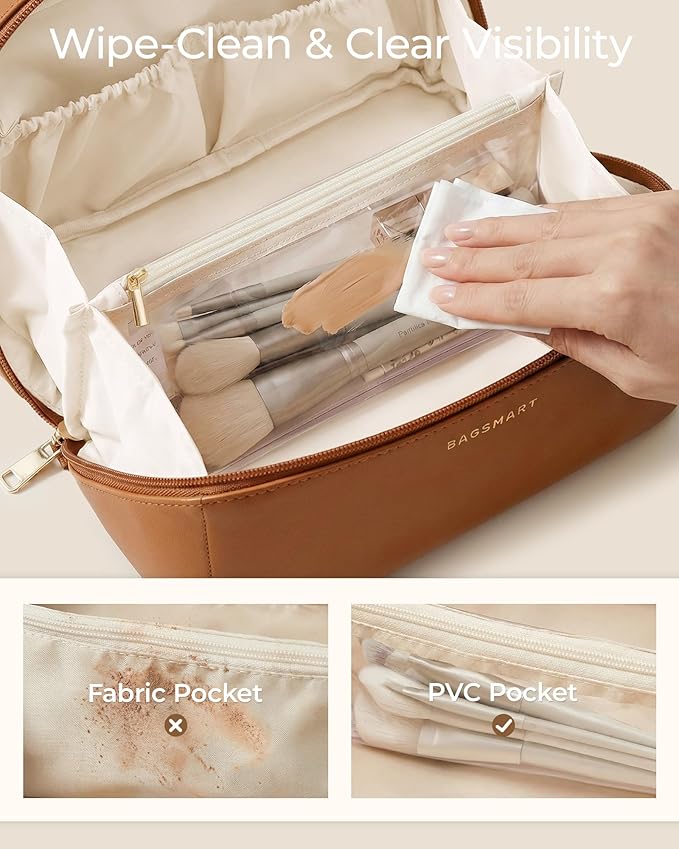 BAGSMART Makeup Bag Travel Cosmetic Bag, Large Make Up Bag Flat Open Toiletry Bag for Women, PU Leather Travel Essentials Organizer Case, Wide-open Pouch Purse for Skincare, Brushes, Yellow