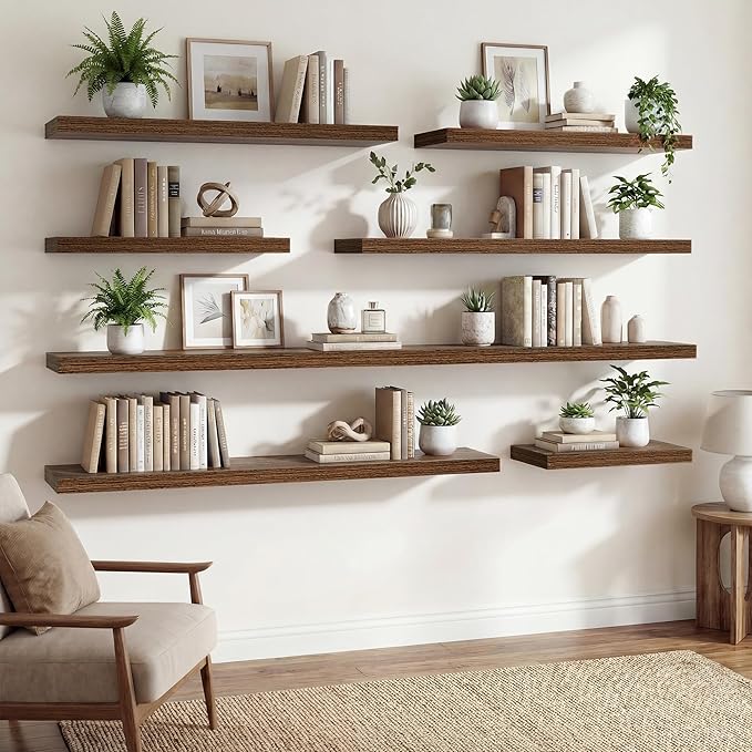 Floating Shelves for Wall,48 Inch Wall Mounted Rustic Wood Shelves,9.3" Deep Wall Shelf with Invisible Brackets,Large Deep Floating Shelf for Bathroom,Bedroom,Living Room,Book/Storage/Decor,Walnut