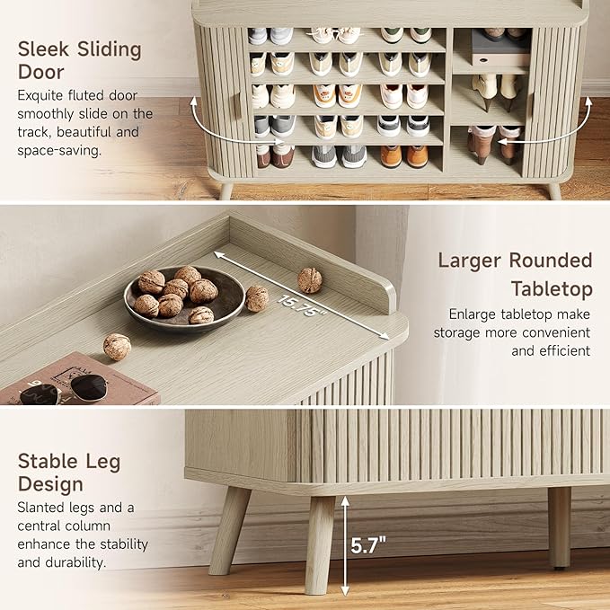 ONBRILL Shoe Cabinet with Sliding Door, 5-Tier Hidden Shoe Rack with Adjustable Shelves, Wooden Shoe Storage Organizer with Open Bottom Space, Freestanding Shoe Shelf for Entryway (Natural White)
