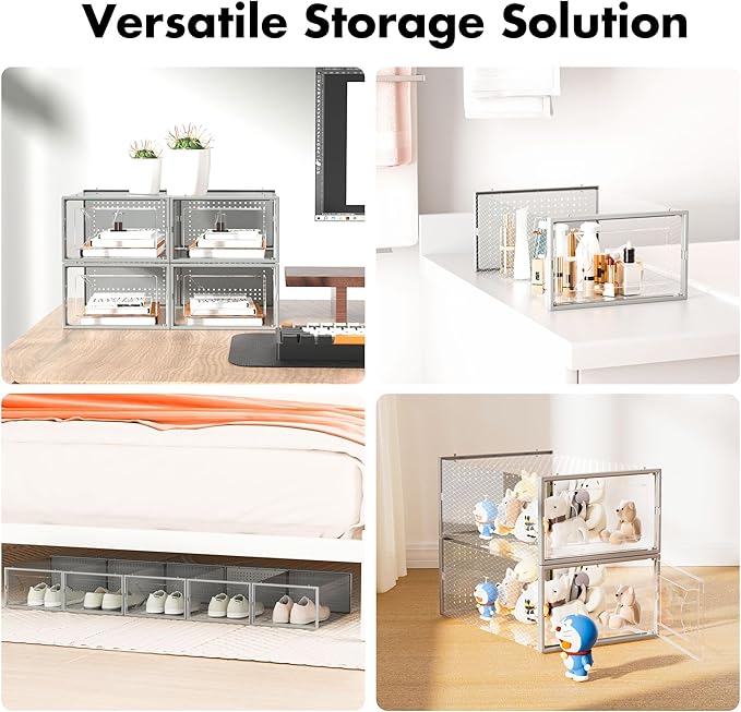 Foluck Shoe Storage Box, 15 Pack Clear Plastic Stackable Organizer for Closet, Interlocking Design Shoes Container Bins for Sneakers, Foldable Shoe Rack with Lids, Grey