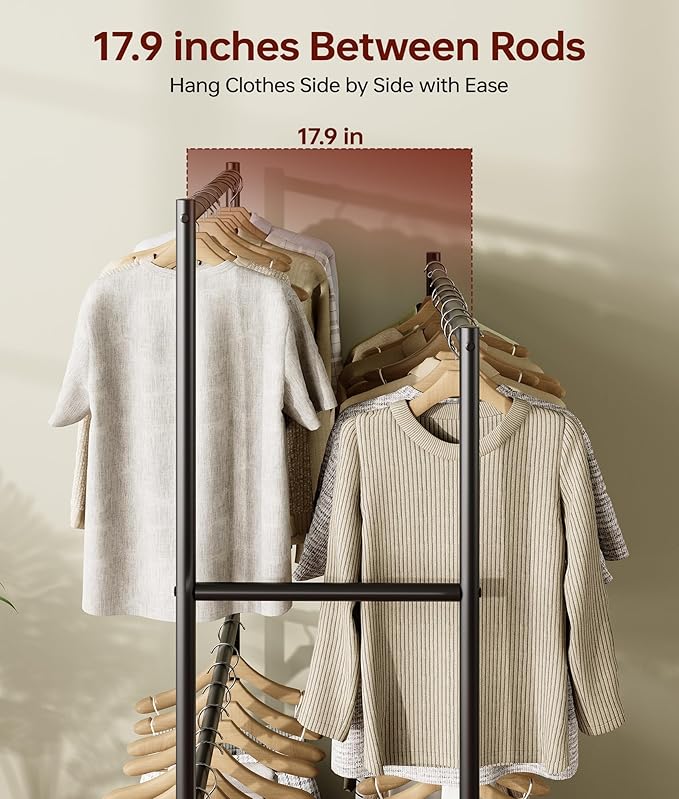 Clothes Rack - 36.2" x 21.3" x 72", 4-Bar Double Rod Rolling Metal Clothing Rack for Hanging Clothes, Portable Garment Rack with Wheels for Bedroom Laundry, Closet Wardrobe, Black