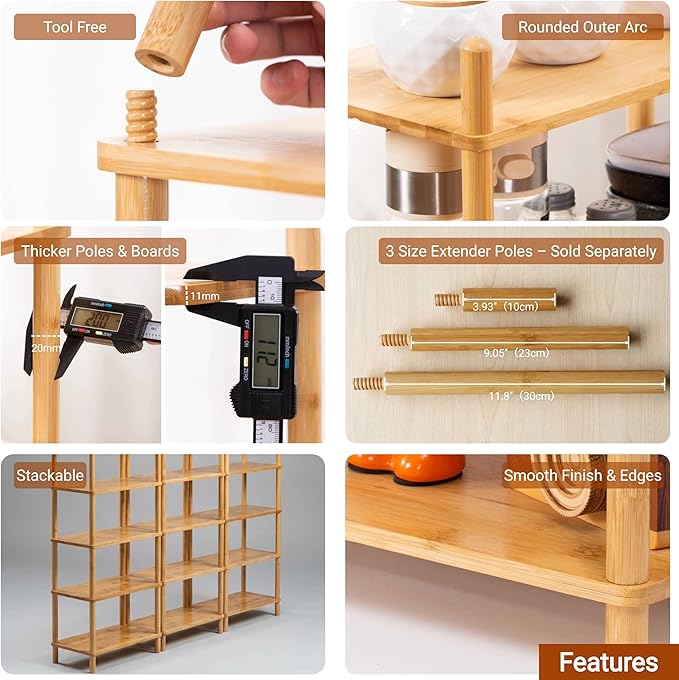 3-Tier Expandable Bamboo Desktop Organizer Shelf Kitchen Cabinet and Counter Riser Display Shelf for Top of Desk Home Office Bathroom Coffee Table Display Stand,Natural