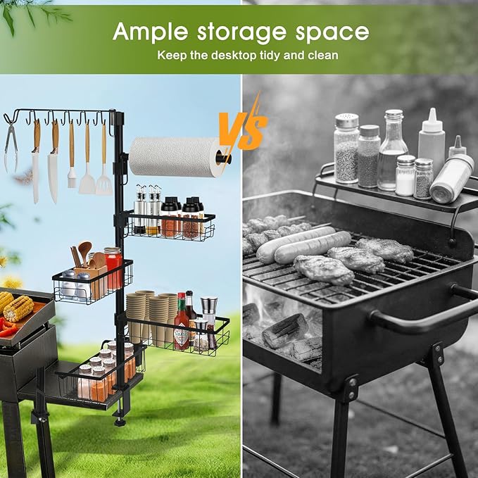 10-in-1 Griddle Caddy, Outdoor BBQ Organizer Rack with Paper Towel Holder, Utensil Hooks & Condiment Basket, Barbecue Accessories Storage Station for Camping Kitchen, Patio, Ideal Gift for Men, Dad