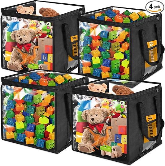 4 Pack Clear PVC Storage Bins with Handles - 12" x 12" Cube Storage Bins Foldable Transparent Storage Box, PVC Organizer Boxes for Clothes, Toys and Stuffed Animal Storage (Black)