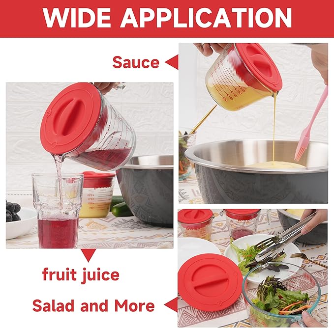 4 Pack Silicone Replacement Lids, Respectively Fits Pyrex 1-Cup, 2-Cup, 4-Cup & 8-Cup Tempered Glass Liquid Measuring Cups, Reusable & Food-Grade, Dishwasher & Microwave Safe (Cups not Included)