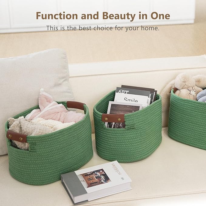 ECDYQXVU Cotton Rope Basket, Storage Baskets with Handle, 15x10x9 Inch Woven Basket for Shelves, Laundry, Towels, Clothes, Books (Green 1Pack)
