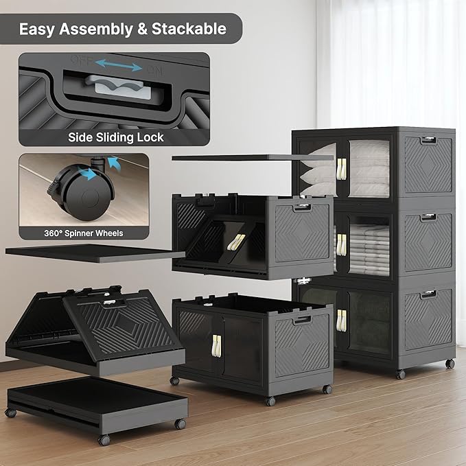 UAMFURI Stackable Storage Bins with Lids, Clear Doors, Large Storage Cabinet Foldable Collapsible Closet Organizers for Bedroom Dorm Office (3, Black, 160, Quarts)