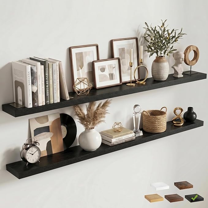 Venusmiles Floating Shelves for Wall, 72 Inch Floating Shelves Set of 2, 6.5" D Wooden Wall Mounted Display Shelves with Invisible Brackets for Living Room, Bedroom, Bathroom, Kitchen Decor, Black