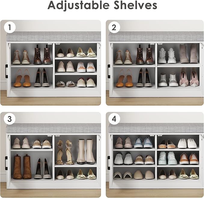 3-Tier Shoe Storage Bench with Adjustable Shelf, Large Capacity Entryway Shoe Bench with Thickened Padded Seat Cushion and 3 Doors for Entry, Bedroom, Hallway (White,42.5 * 14in)