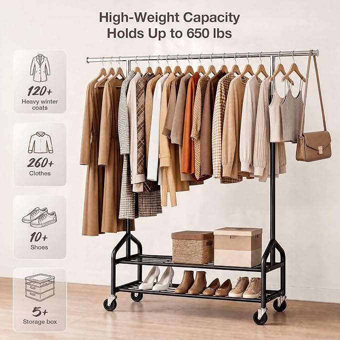 Heavy Duty Clothes Rack, Rolling Clothing Rack Load 650 LBS for Hanging Clothes with 2 Sturdy Shelves, Metal Garment Rack with Wheels for Bedroom, Retail Store, Silver-Black, Large