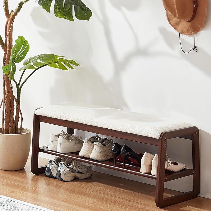 Achicsofar Shoe Rack Bench,2 Tier Solid Wooden Entryway Bench with Shoe Storage, Shoe Rack with Cushion for Living Room, Hallway(Cream White, 39.4")