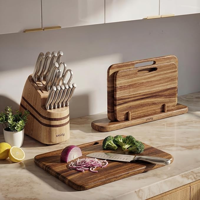 SMIRLY Wooden Cutting Boards for Kitchen, Double-Sided Cutting Board with Handle, Heavy Duty Solid Acacia Wood Cutting Board Set with Stand, 3 Pcs Cutting Boards Non Toxic for Meat Vegetable Fruit