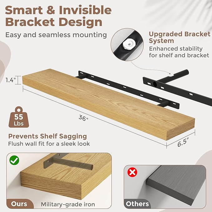 Venusmiles Floating Shelves for Wall, 36 Inch Floating Shelves Set of 2, 6.5" D Wooden Wall Mounted Display Shelves with Invisible Brackets for Living Room, Bedroom, Bathroom, Kitchen Decor, Oak