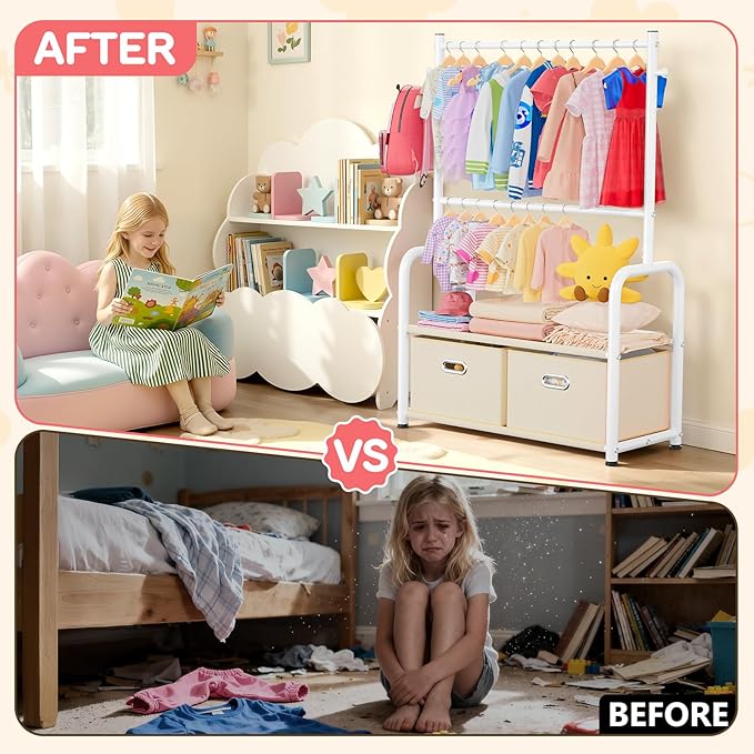Kids Clothes Rack with 2 Tier Storage Racks and 2 Adjustable Hanging Poles, Small Baby Closet Organizer for Hanging Clothes, Kids Dress-Up Rack (Upgrad, White)