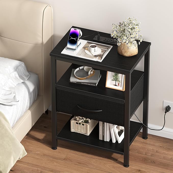 DUMOS Nightstand Set of 2 with Wireless Charging Station Bed Side Tables with Adjustable Fabric Drawers and 3 - Tier Storage End Tables Modern Design, Black