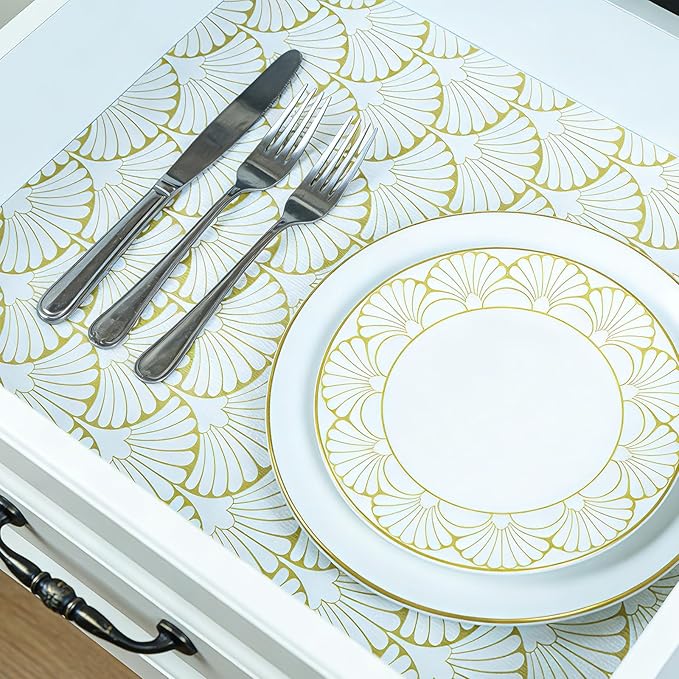 Shelf Liners Non Adhesive Gold Background White Fan-Shaped Pattern - Thickened Non-Slip Easy to Clean Drawer Liner for Kitchen Cabinets, Tool Box,Refrigerator,with Knife & Tape Measure,12in x 10FT
