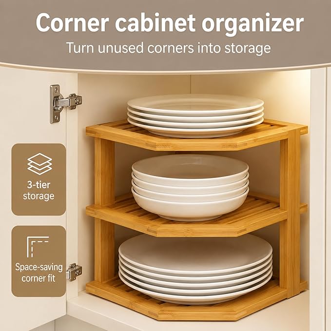 Bambüsi Plate Organizer for Cabinet - 3 Tier Bamboo Corner Cabinet Organizer Shelf for Plates Bowls Mugs Cups, Kitchen Cabinet Organizer, Cabinet Shelf Organizer, Countertop Rack, 10 x 10 x 9.5 Inch