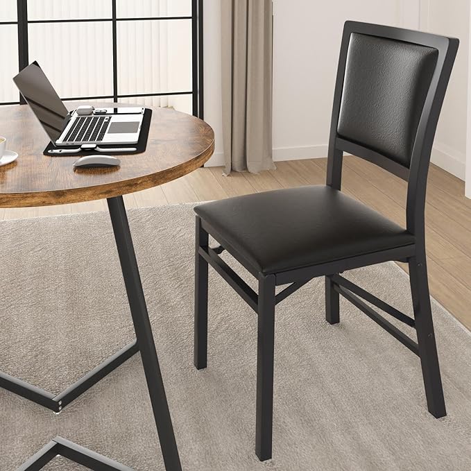 VECELO Folding Chairs Set of 2 with Cushion, Foldable Padded Seats with Heavy Duty Metal Frame for Kitchen/Dining/Living Room, No Assembly & Space Saving Design, Black