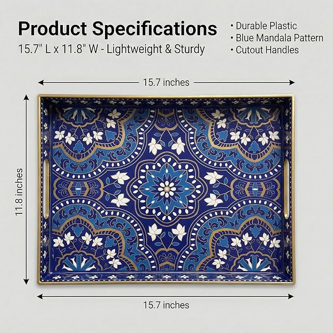 Decorative Serving Tray with Handles - 15.7" x 11.8" Blue Mandala Pattern Rectangular Plastic Platter - Boho Coffee Table Tray for Ottoman, Breakfast in Bed & Living Room Decor