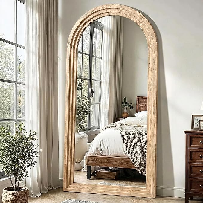 Delma Arched Full Length Floor Mirror with Stand, 75x35 Rustic Farmhouse Solid Wood Frame Wall Mirror for Bedroom, Living Room, Vertical Hanging & Standing(Natural)