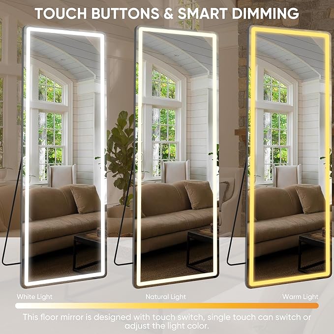 Antok LED Full Length Mirror with Light, 71"x28" Lighted Full Body Mirror with Stand, Dimmable & 3 Color Lighting Standing/Leaning/Wall Mounted Vanity Mirror for Bedroom Cloakroom Livingroom(Rect)
